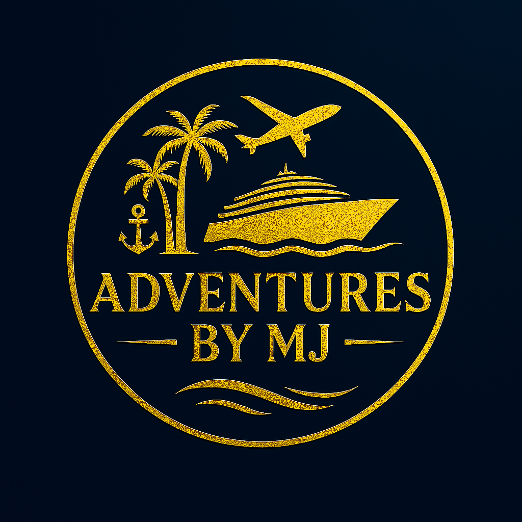 black and gold logo of Adventures by MJ Travel