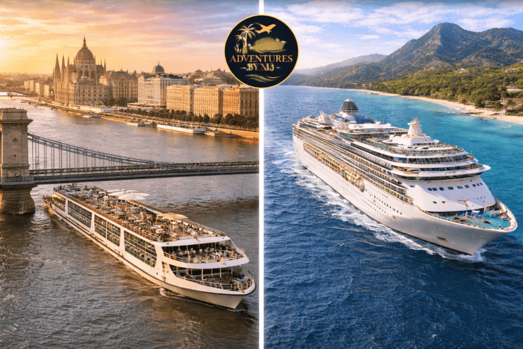 image with a river cruise ship and an ocean cruise ship for the post European River Cruise vs Ocean Cruise: Which Is Right for You?