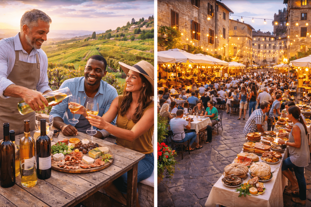split image of bi-racial couple being served wine at an outdoor wine tasting and a European outdoor market with many people