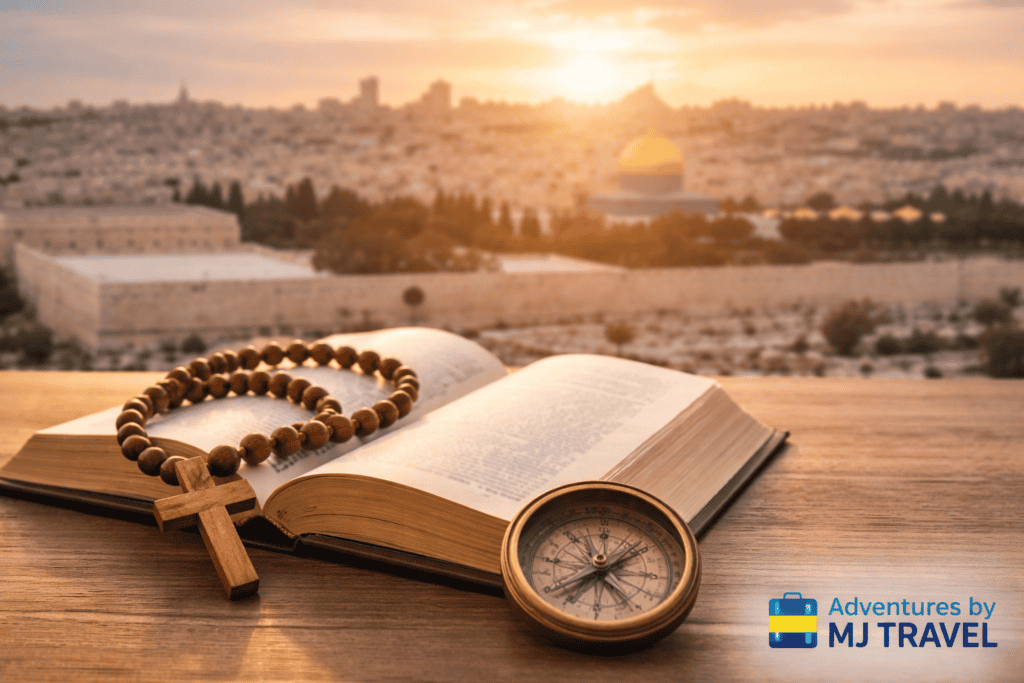 image of Bible, prayer beads and compass in foreground with Jerusalem in background for post on faith based travel experiences