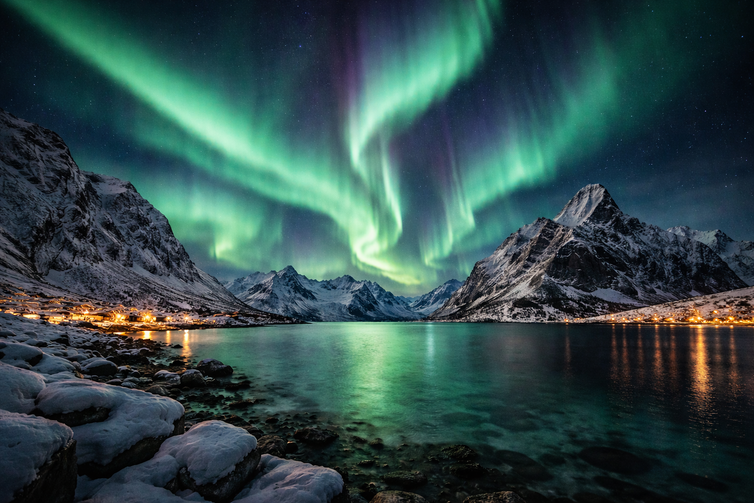 image of northern lights over snowy alpine fjords for best destinations to see the northern lights