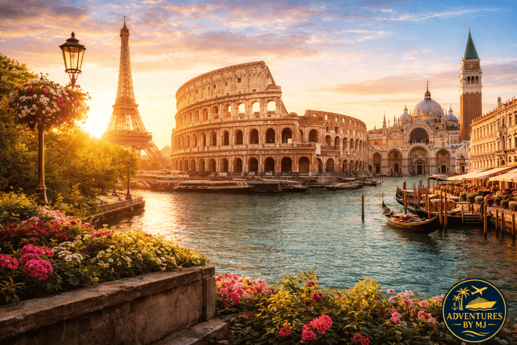 image with the Eiffel tower, Roman colloseum and water in background for the post on the best time to travel to Europe