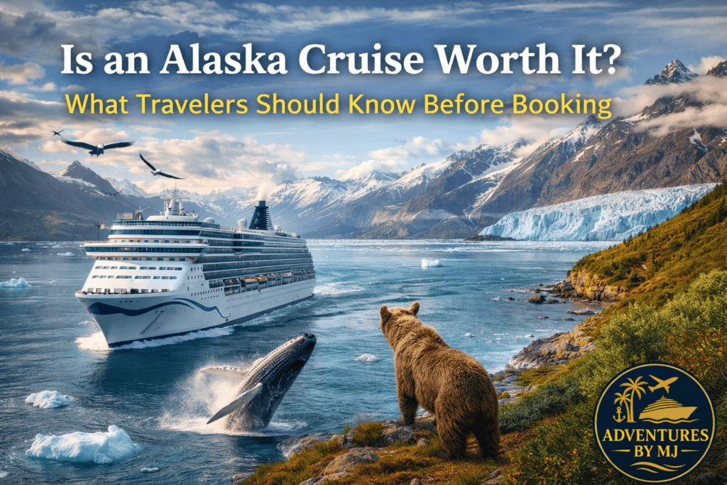 image of cruise ship in Alaskan bay with whale and bear in foreground for the post on is an Alaskan cruise worth it?