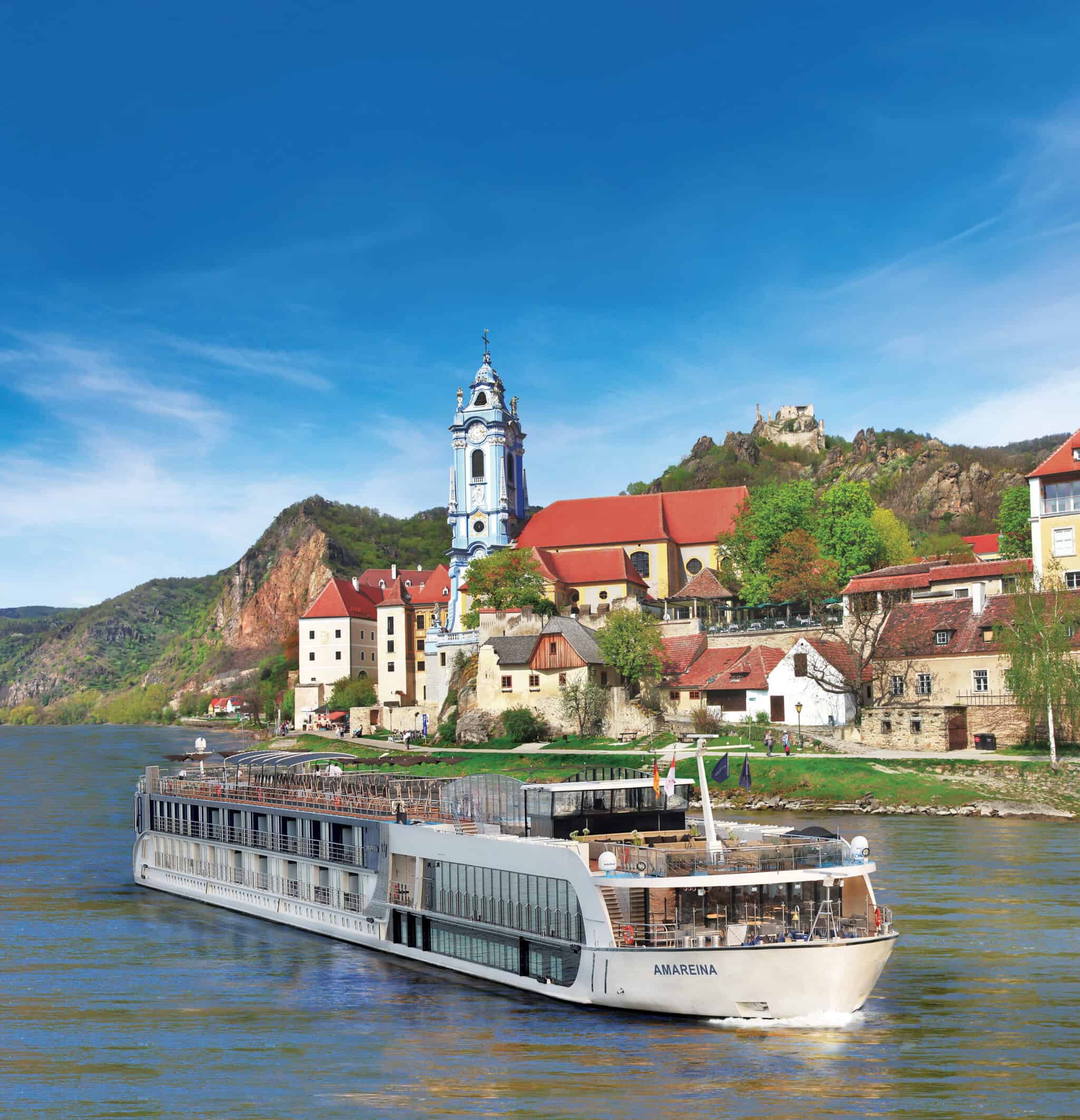 view of AmaReina cruise ship in Danube river for the post on AmaWaterways River Cruise