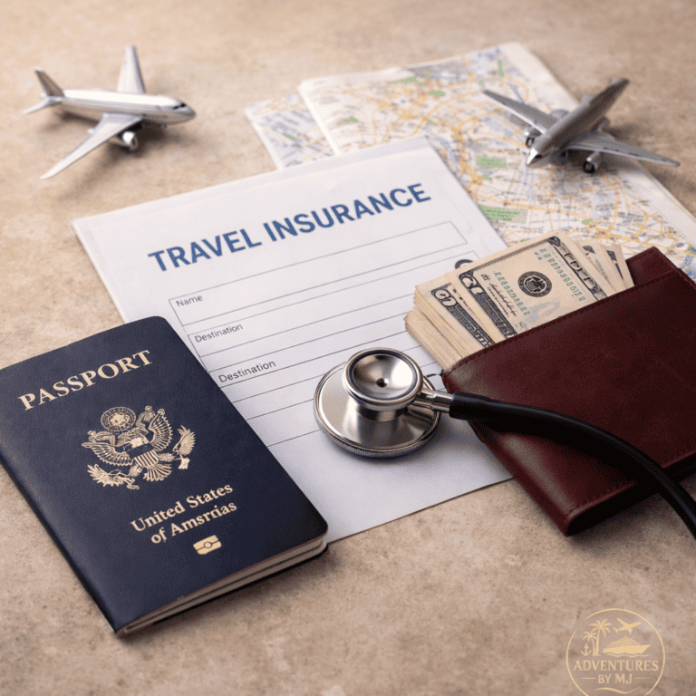 Travel insurance document with passport, map, wallet, and travel items, illustrating when travel insurance is worth it, with Adventures by MJ logo bottom right.