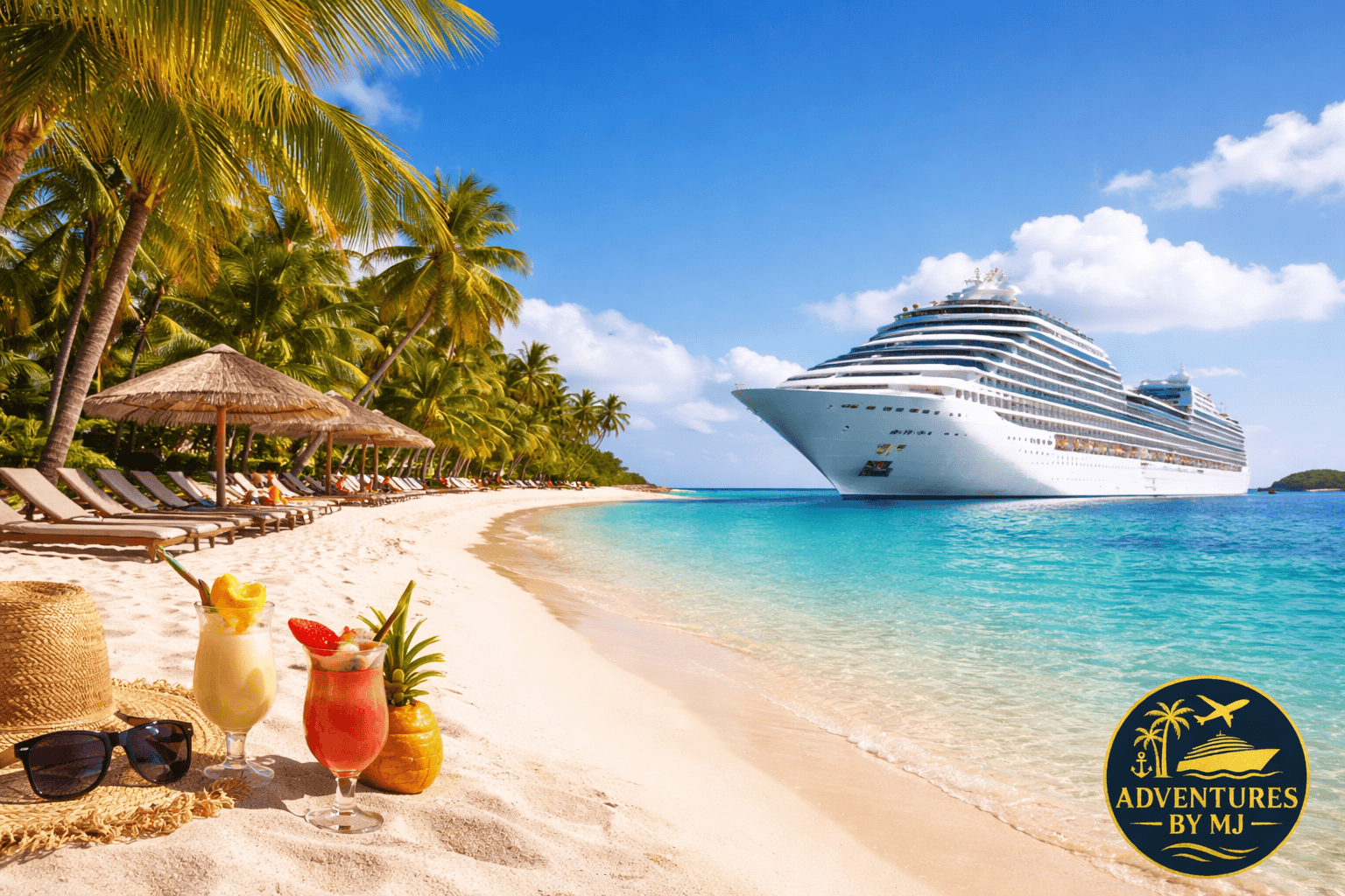 Tropical beach with palm trees and cocktails beside a large cruise ship in turquoise Caribbean waters, illustrating all-inclusive resort vs cruise relaxation comparison.