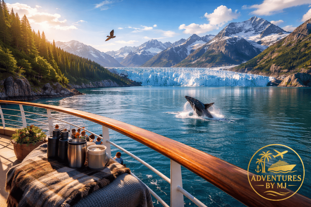 Alaska cruise packing list by month image featuring glacier views, a breaching whale, and cruise ship deck scene in Alaska.