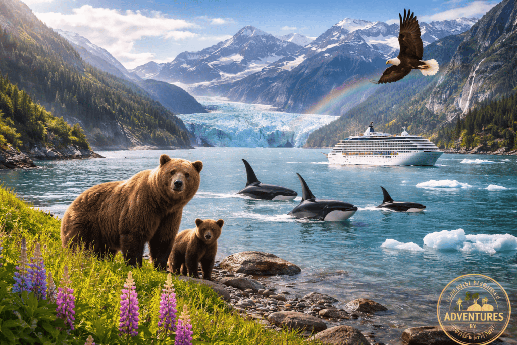 Scenic Alaska landscape showing wildlife, glaciers, and a cruise ship, illustrating the best time to visit Alaska for weather, wildlife, and cruise season.