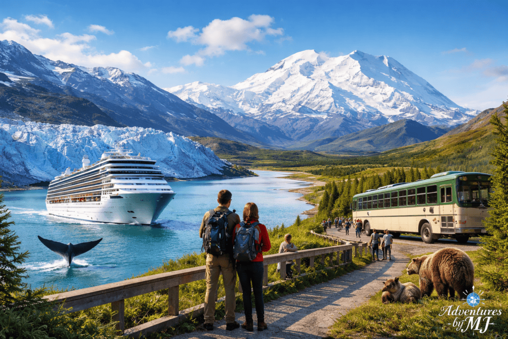Alaska cruise ship sailing past a glacier with Denali and interior wilderness in the background, illustrating the best Alaska trip for first-time visitors: cruise or land tour.