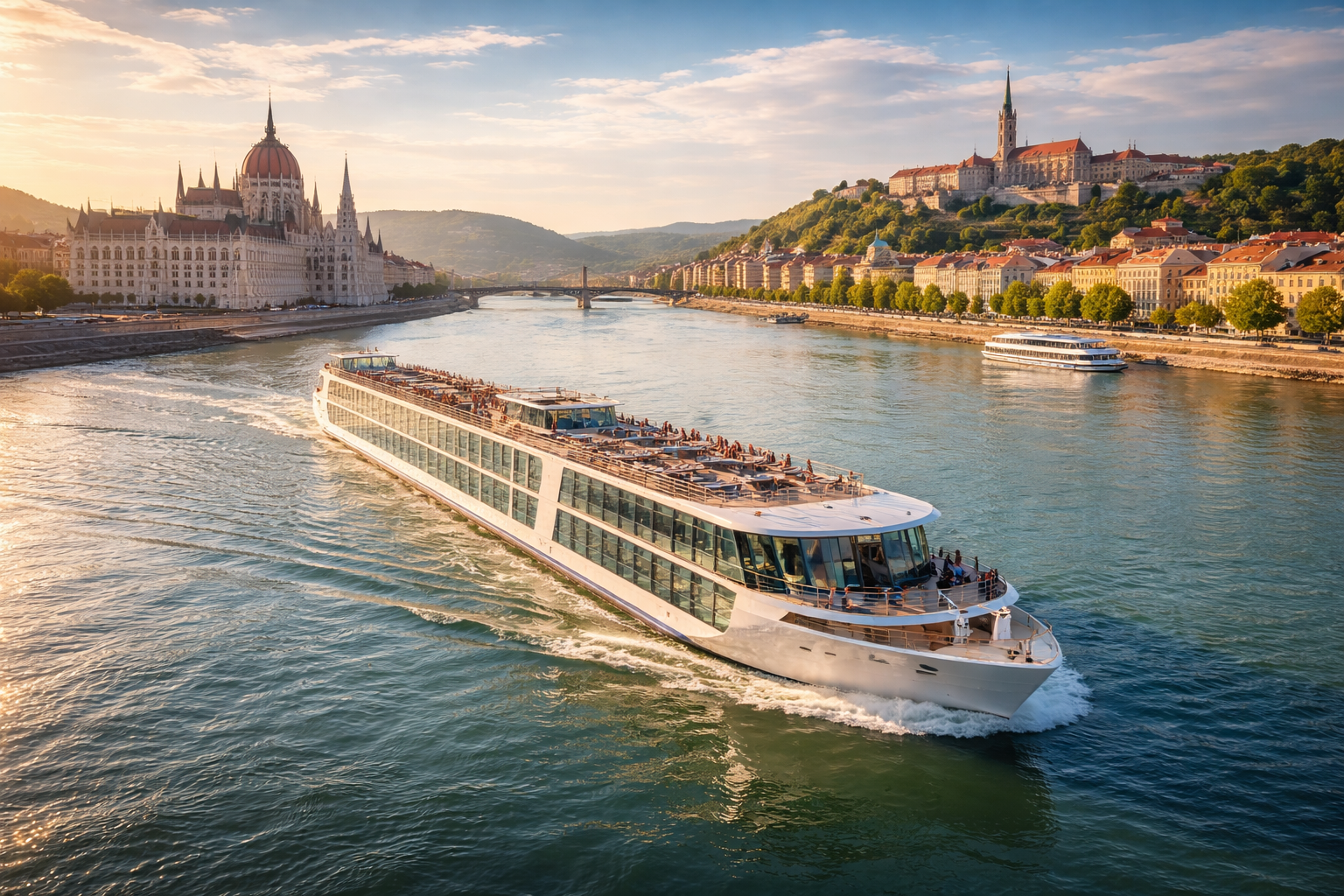 Luxury river cruise ship sailing the Danube River past Budapest at sunset, showcasing scenery travelers enjoy when choosing the best time to take a European river cruise.