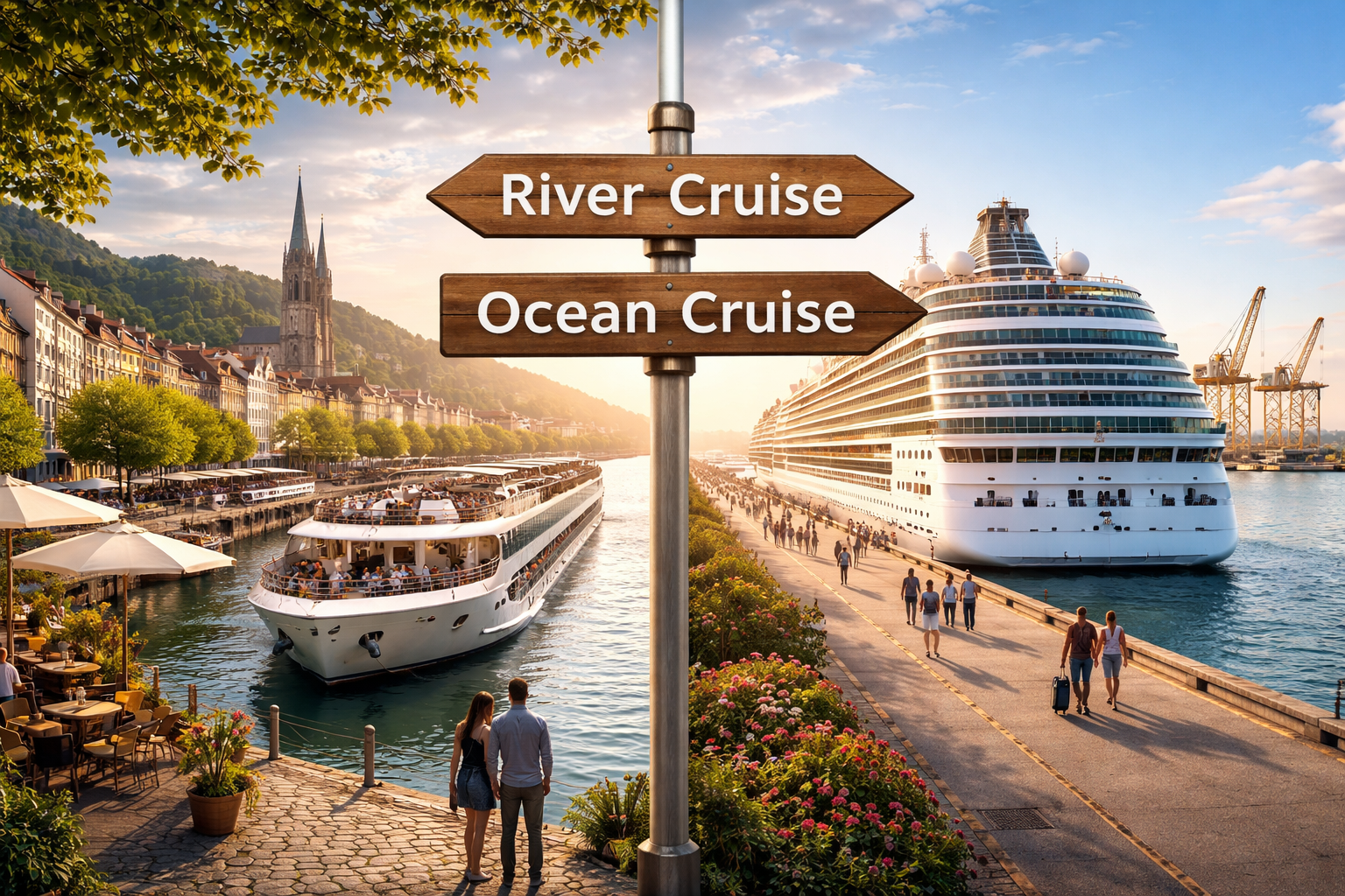 European river cruise vs ocean cruise comparison showing a small river ship in a city-center port and a large ocean cruise ship at an industrial terminal. for the post