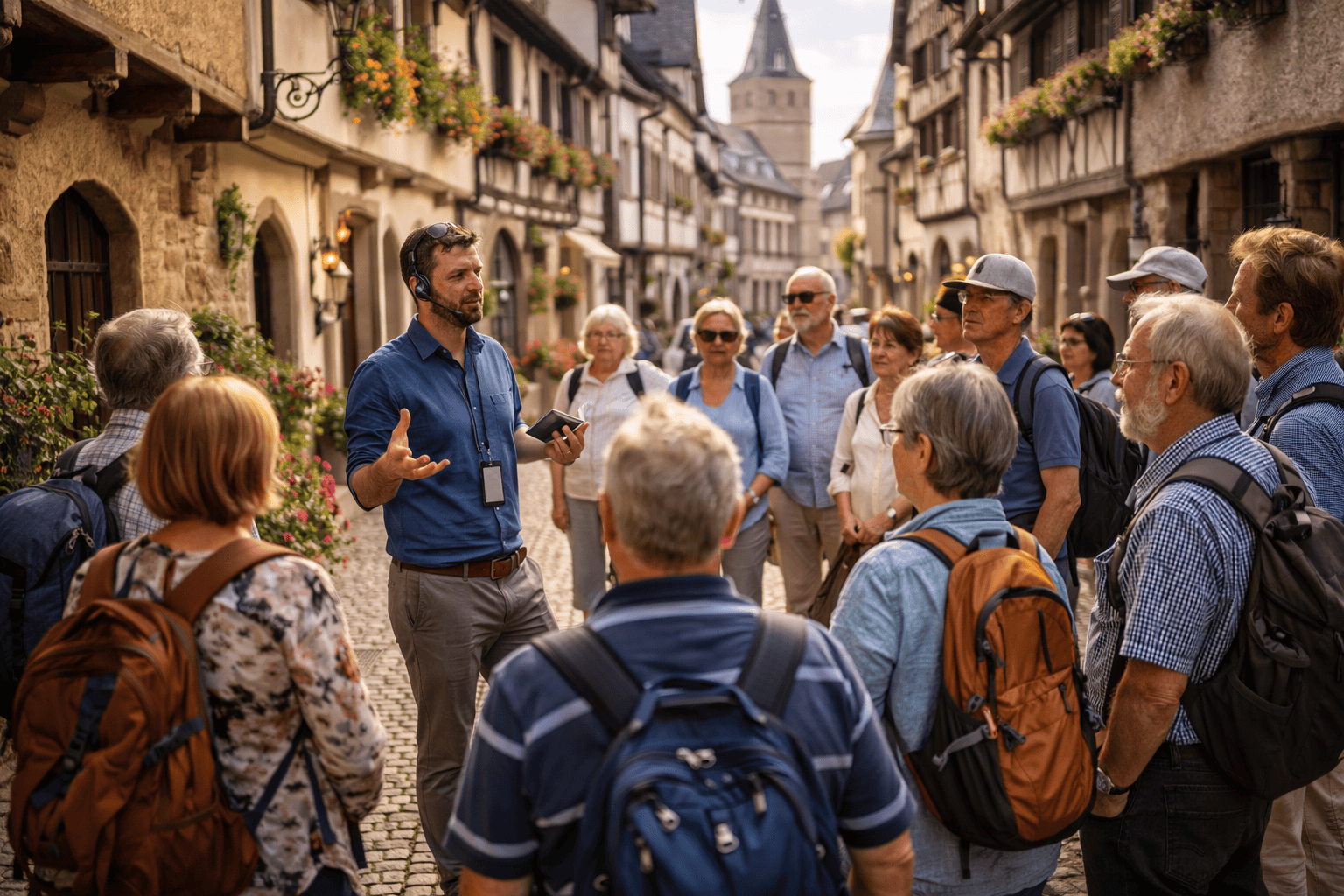 Small guided river cruise excursion group exploring a European town with a local guide.