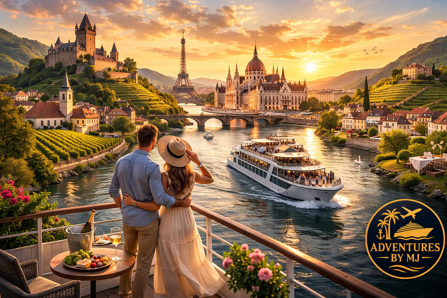Couple enjoying sunset on a European river cruise balcony overlooking castles, vineyards, and a scenic river ship — best river cruise for first-time travelers.