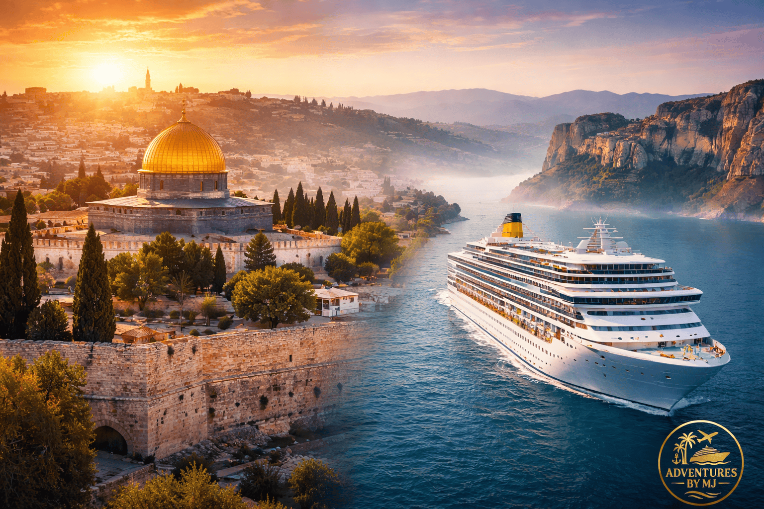 Biblical Tours vs Christian Cruises: How to Choose the Right Faith-Based Travel Experience Biblical tours vs Christian cruises comparison image showing a Holy Land destination alongside a luxury cruise ship, representing faith-based travel options.