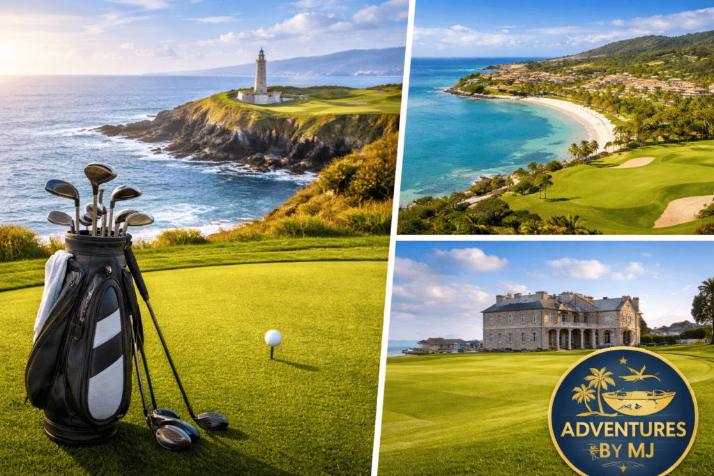 Golf travel trip image showing coastal links golf, a Caribbean resort course, and an international championship golf destination, highlighting global golf travel planning.
