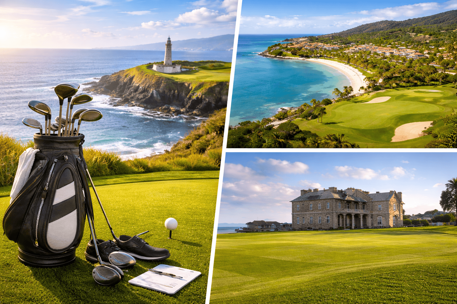 Golf travel trip collage showing coastal links golf in Ireland, a Caribbean oceanfront golf resort, and a luxury overseas golf estate, representing international golf travel planning.