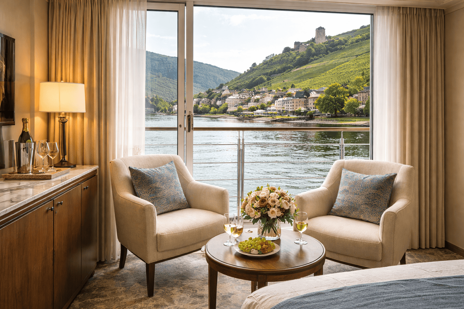 French balcony river cruise cabin with floor-to-ceiling windows overlooking the river.