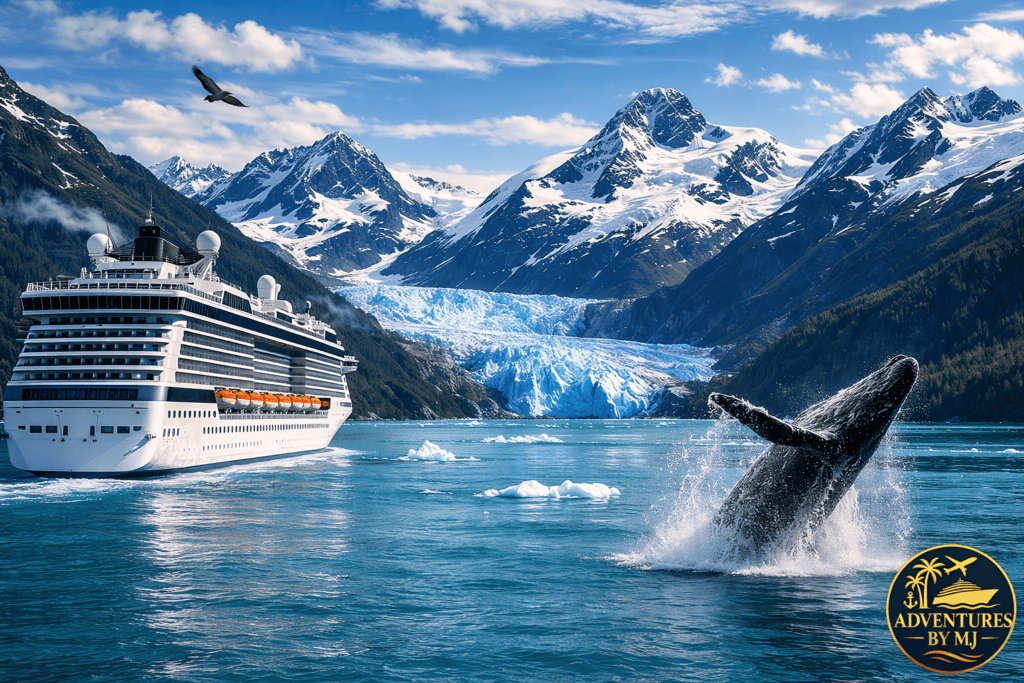 Large cruise ship in an Alaskan fjord near a glacier and breaching whale, illustrating how much does an Alaska cruise cost and what travelers experience in 2026.