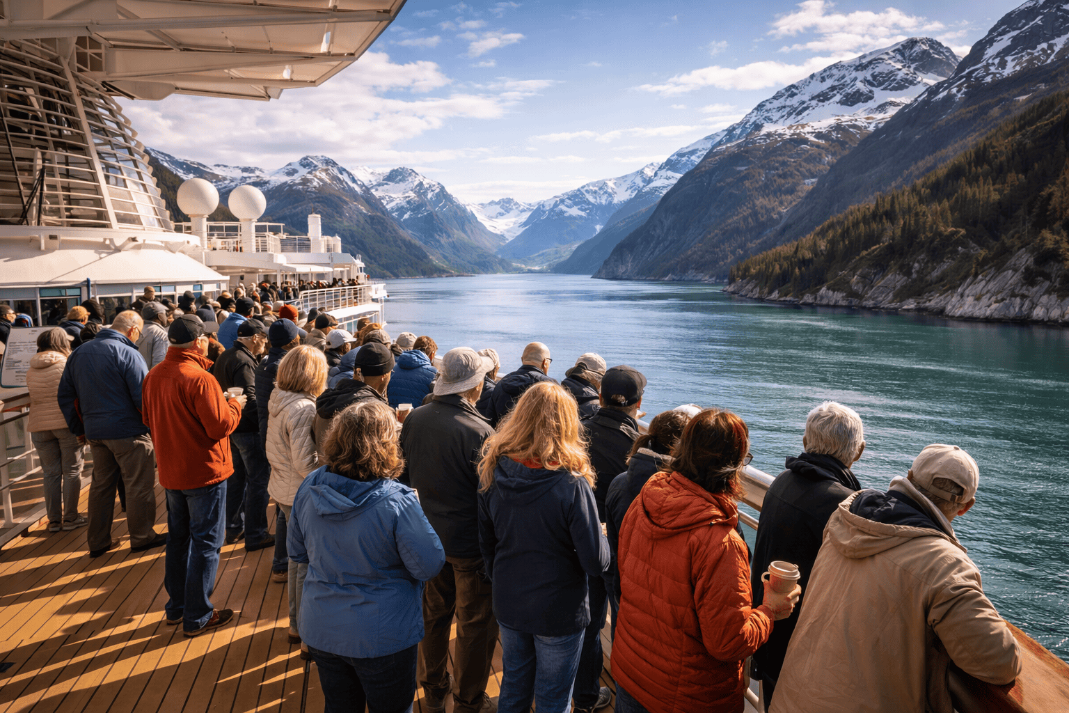 passengers watching glaciers from observation deck on Alaska cruise ship