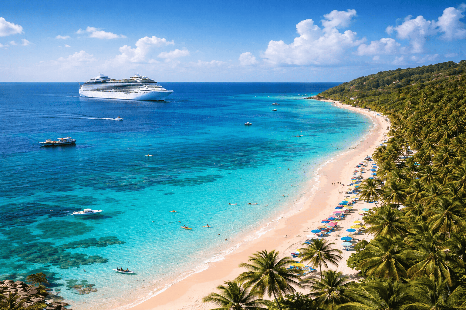 Caribbean cruise ship near a tropical beach with turquoise water aerial view for the post best Caribbean cruise itinerary