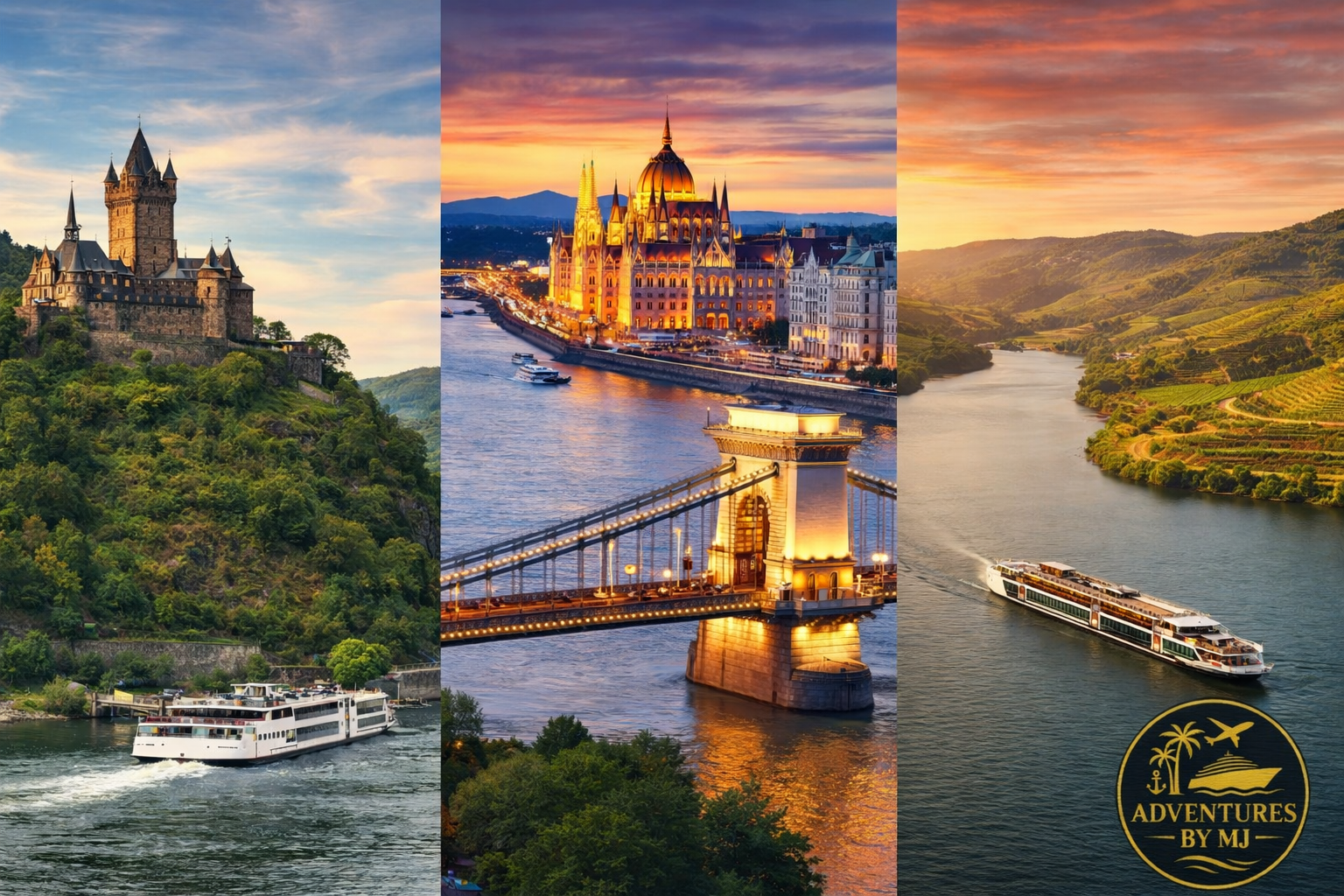 Comparison of the best European river cruise routes featuring the Rhine with a castle, the Danube with Budapest’s skyline, and the Douro surrounded by terraced vineyards at sunset.