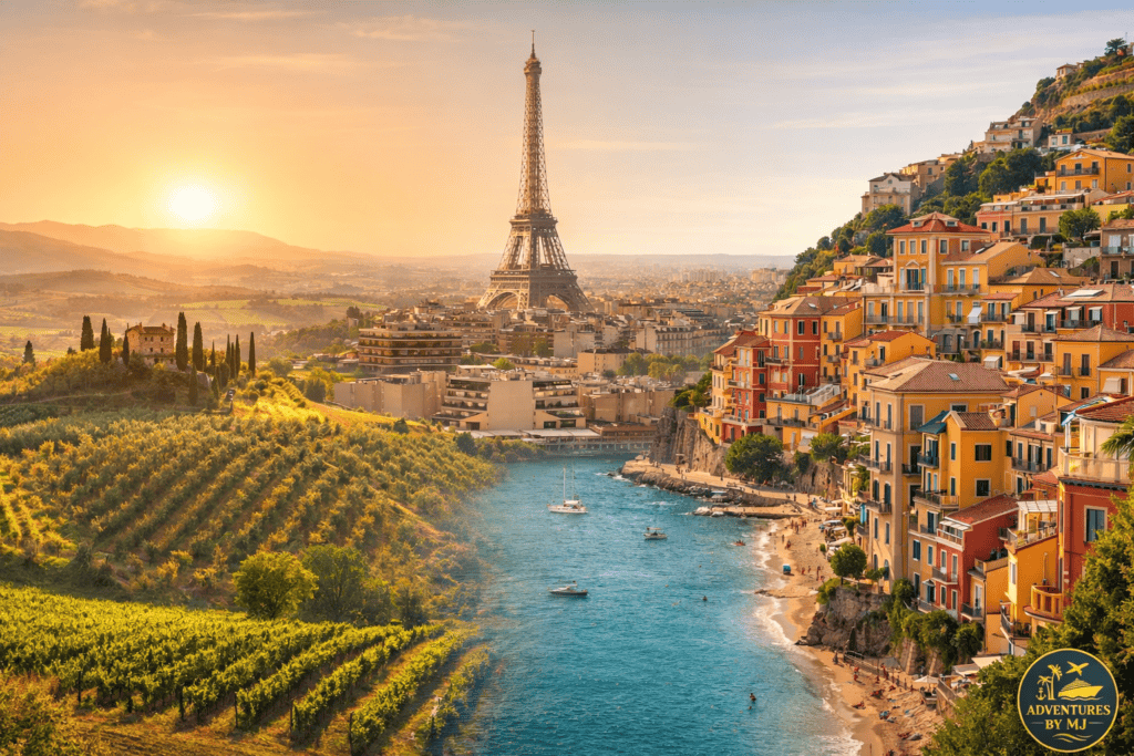 Scenic view of Tuscan vineyards, Paris skyline with Eiffel Tower, and colorful Spanish coastal town illustrating the best time to visit Italy France Spain.
