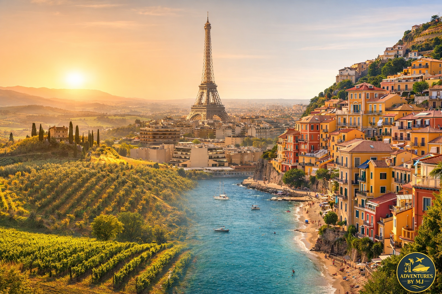 Scenic view of Tuscan vineyards, Paris skyline with Eiffel Tower, and colorful Spanish coastal town illustrating the best time to visit Italy France Spain.