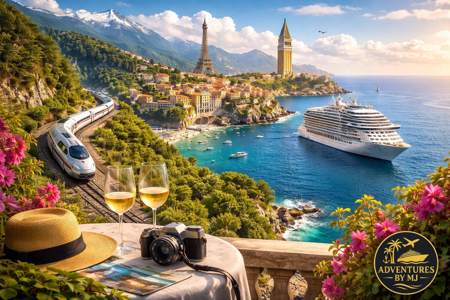 Best way to see Europe without rushing shown through a Mediterranean coastal view with a cruise ship, scenic train, and European landmarks from a relaxed terrace setting