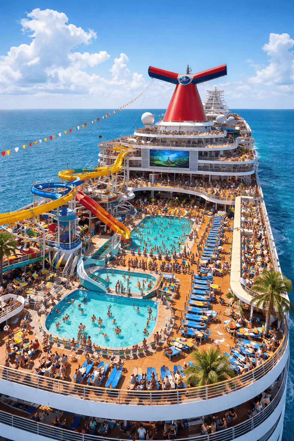 Carnival cruise ship pool deck with waterslides and lively fun atmosphere at sea.