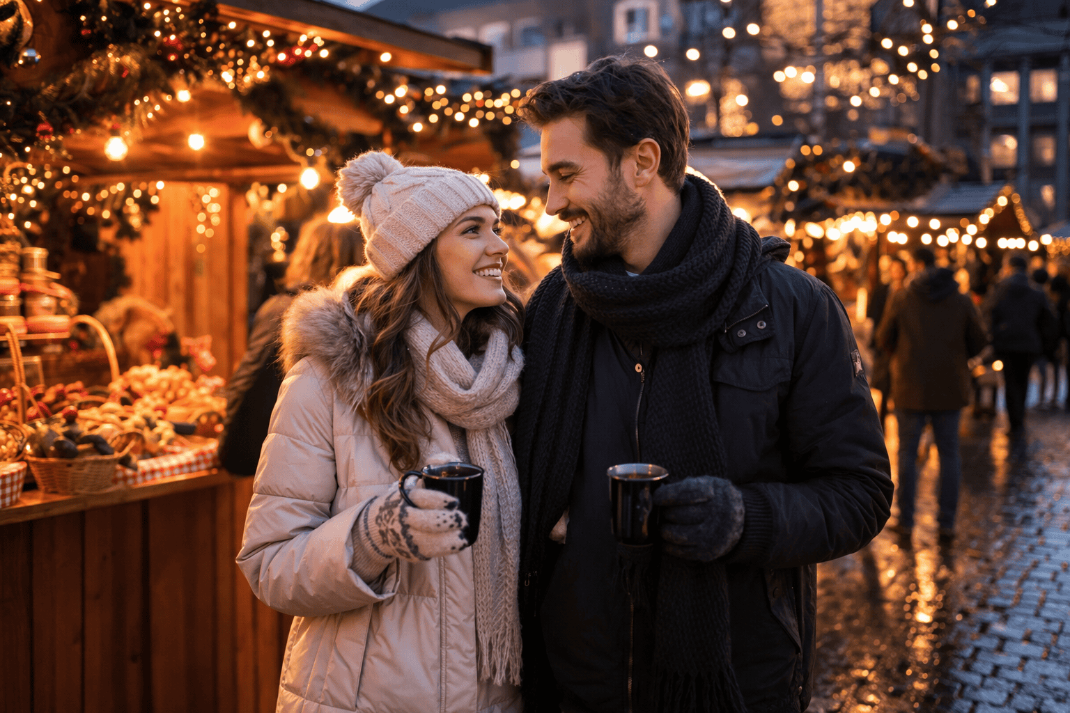 couple enjoying Europe Christmas market river cruise evening lights