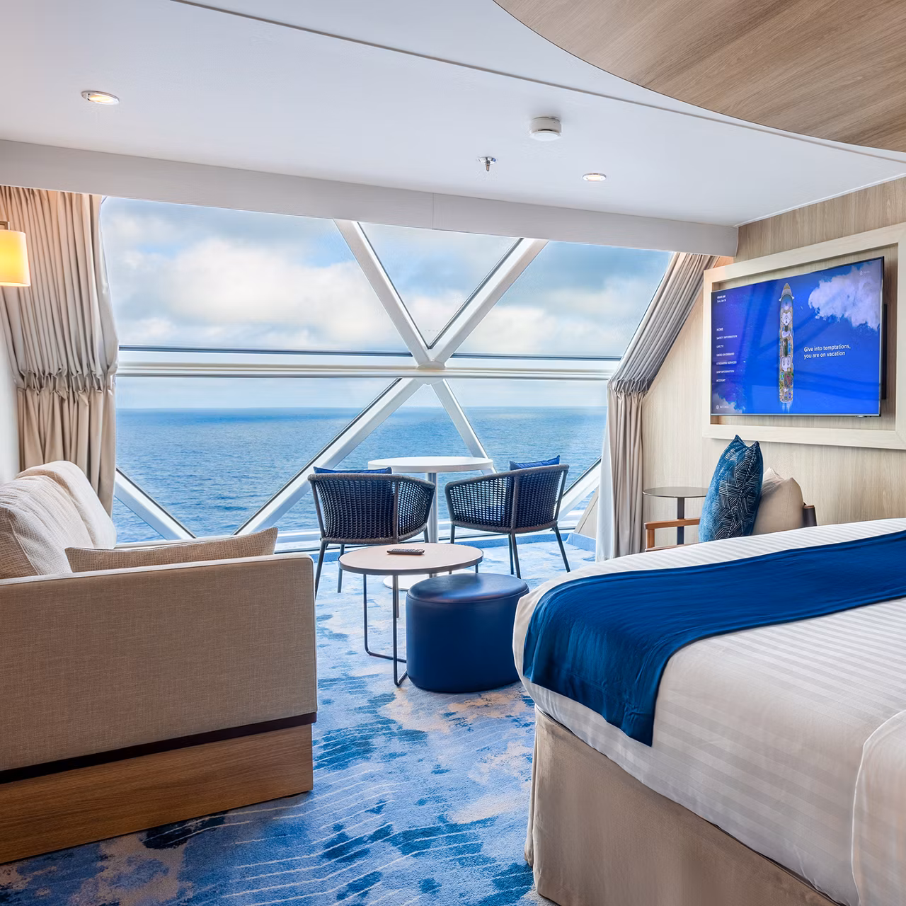 Cruise ship balcony cabin with ocean view compared to standard interior cabin