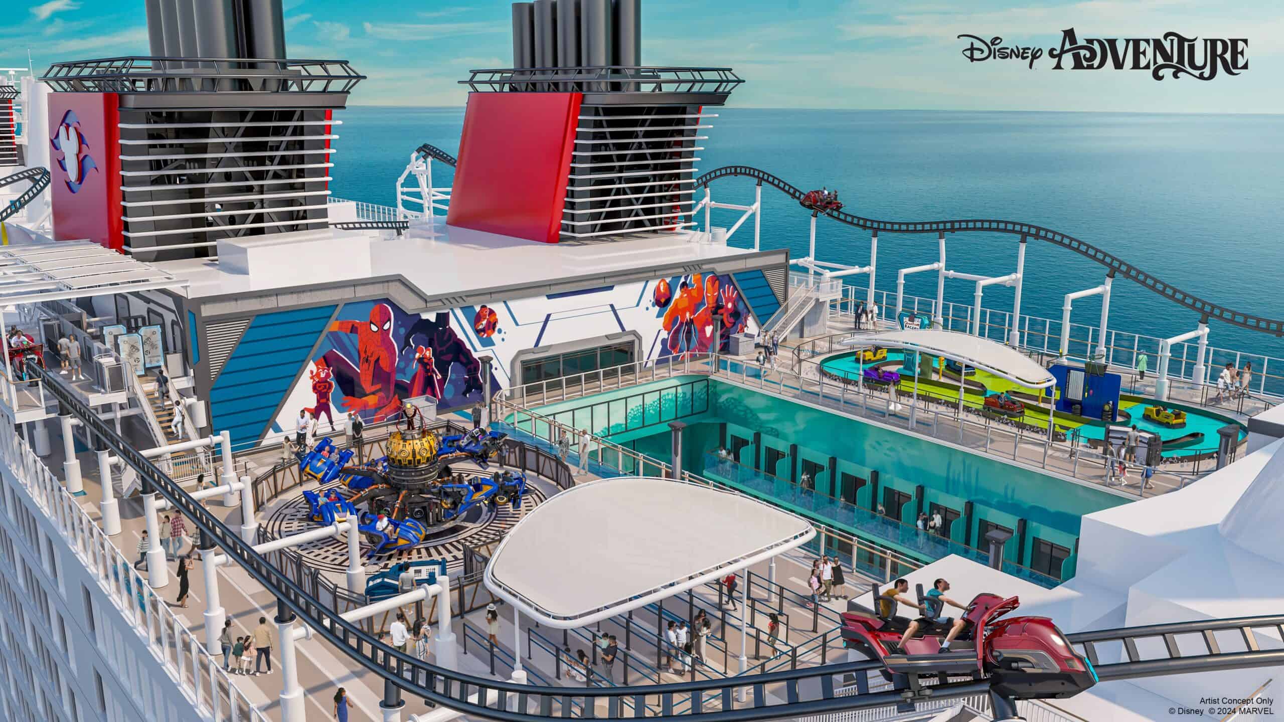 Disney Cruise Line ship with red Mickey funnels sailing in the ocean.