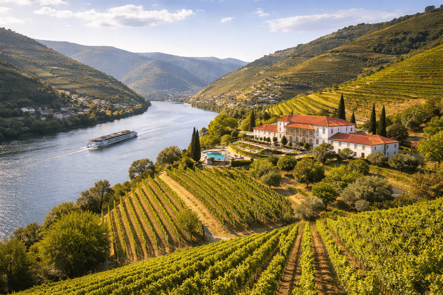 Terraced vineyards and a wine estate overlooking the Douro River in Portugal, a scenic destination often included on the best river cruise for first-time cruisers.