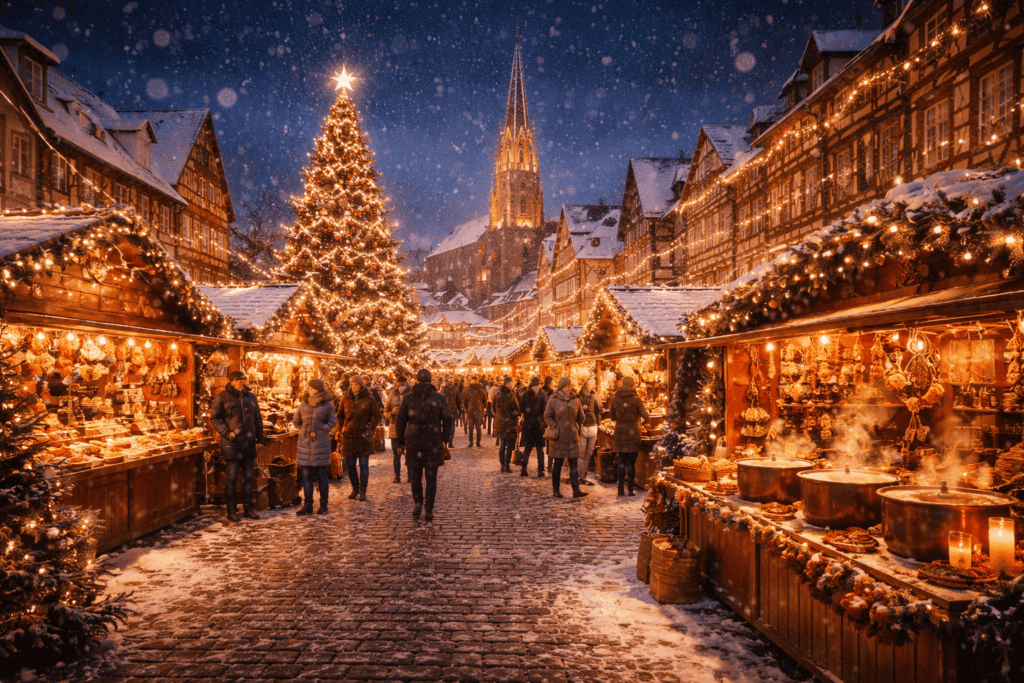 Europe Christmas market river cruise festive lights and holiday stalls at night