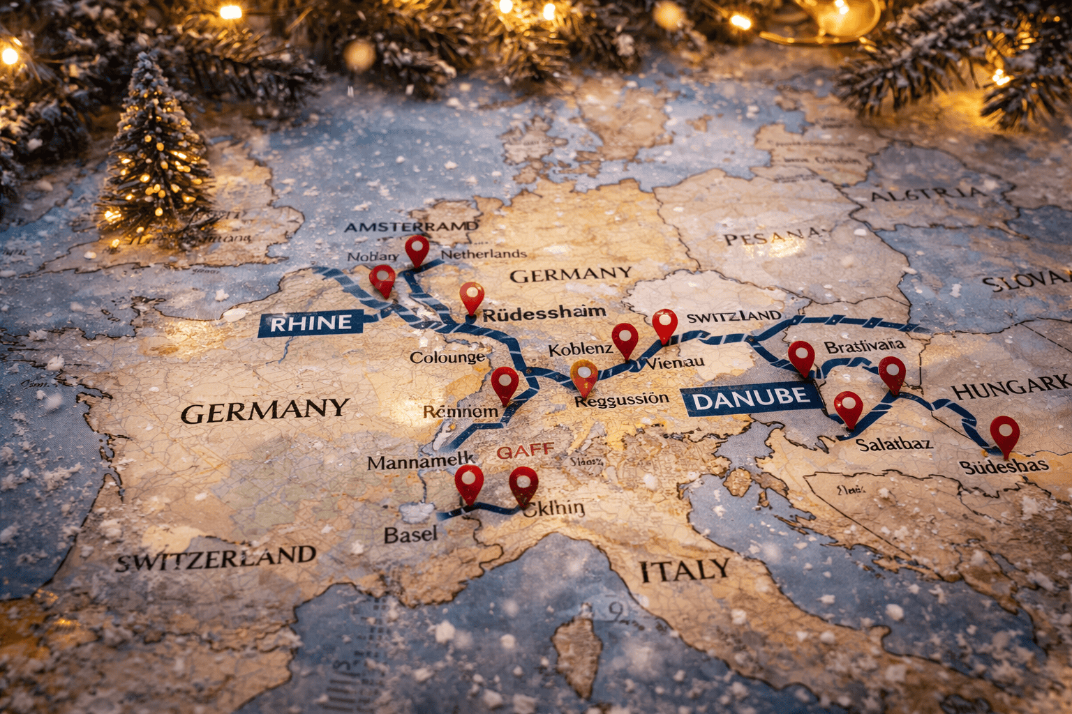 map of Europe Christmas market river cruise routes Rhine and Danube