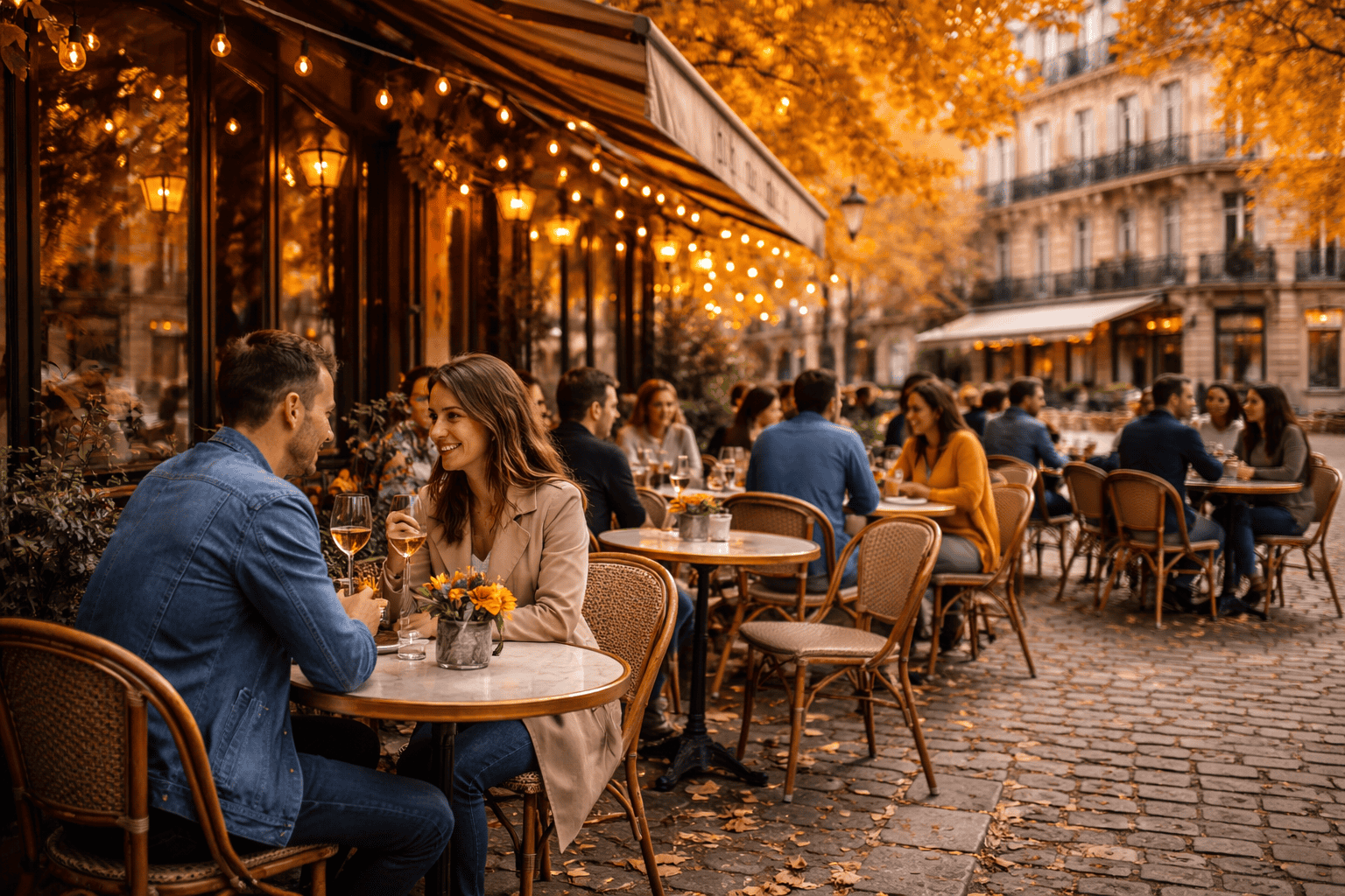 outdoor café dining in Europe during fall travel season