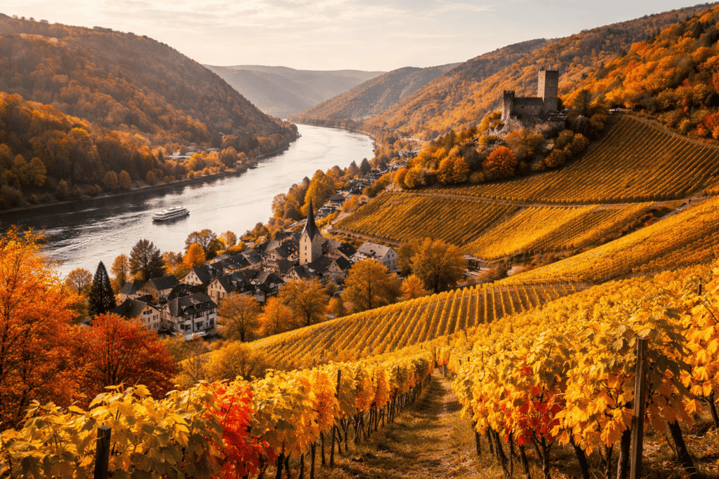 European countryside vineyards with colorful fall foliage in autumn
