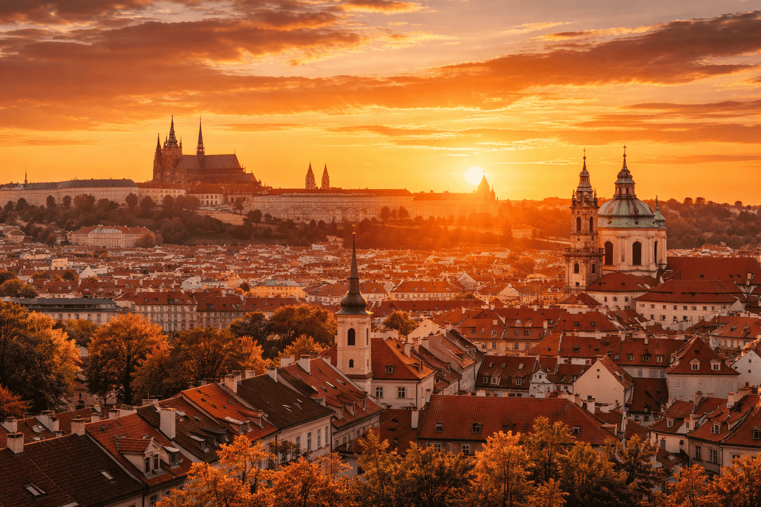sunset landscape in Europe during autumn travel season
