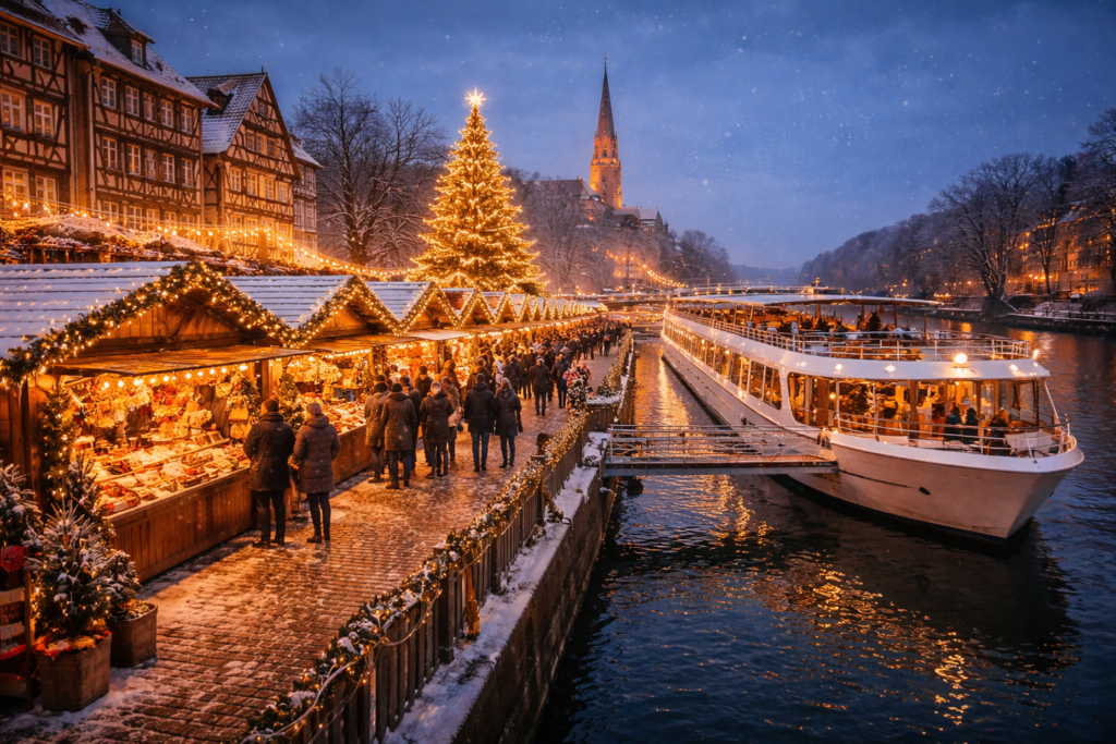 Europe Christmas market river cruise ship docked near festive town
