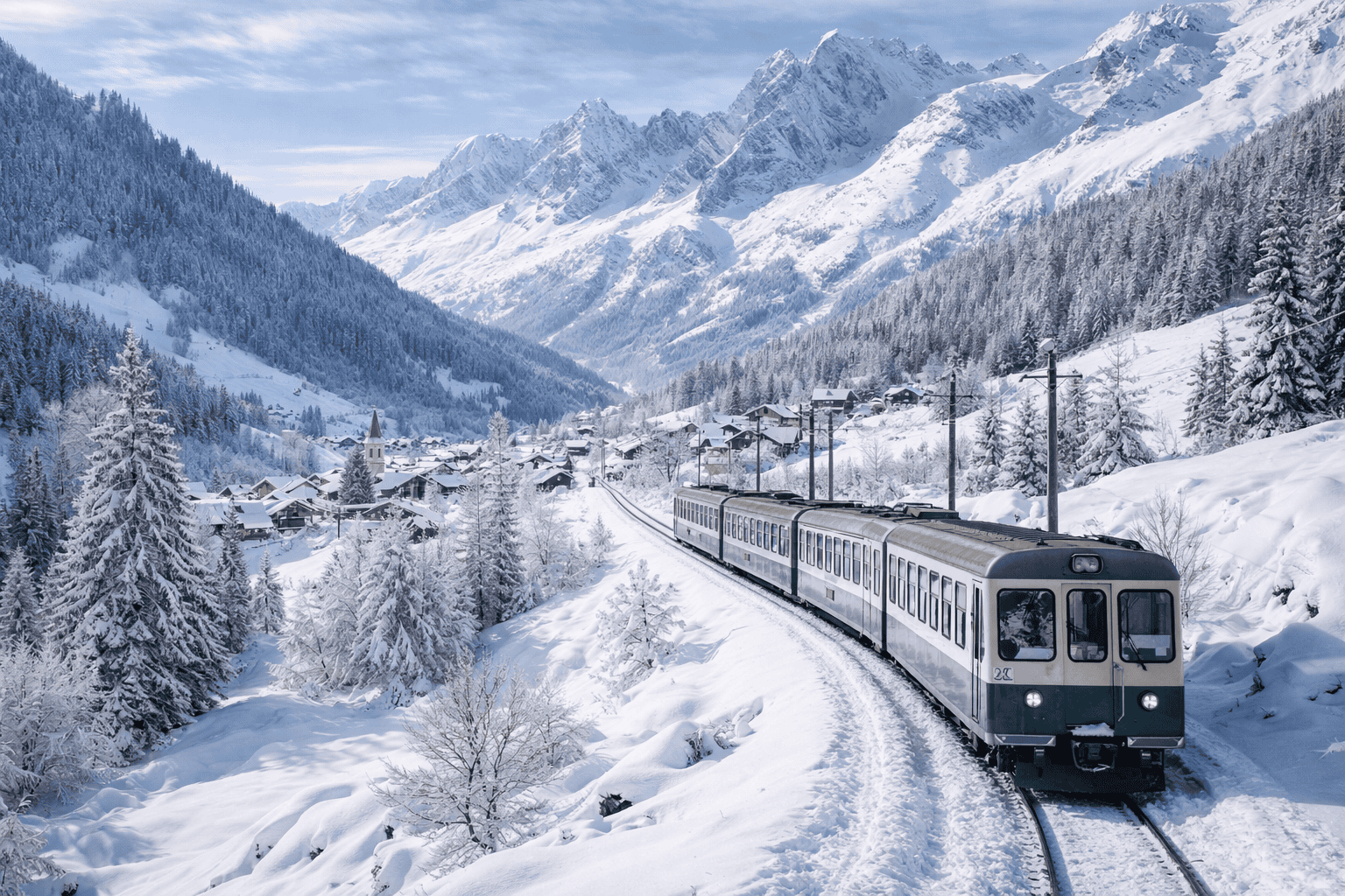 train travel between European Christmas markets winter scenery