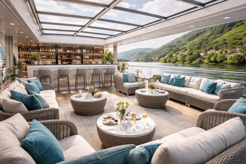 Elegant European river cruise ship interior sun deck lounge with panoramic windows and river views, typical of the best European river cruise routes.