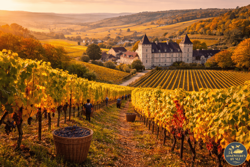 Autumn vineyards during wine harvest season in Italy, France, and Spain.