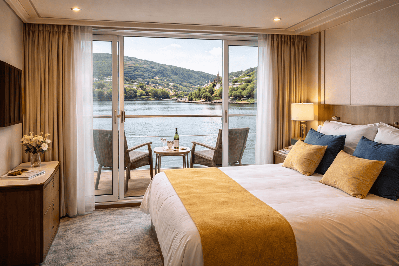 Full balcony river cruise cabin with outdoor seating overlooking a scenic river.