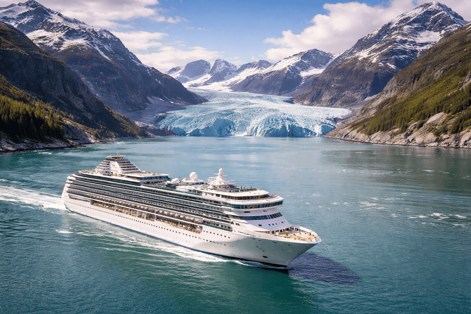 Cruise ship sailing near a glacier in Alaska during scenic cruising.