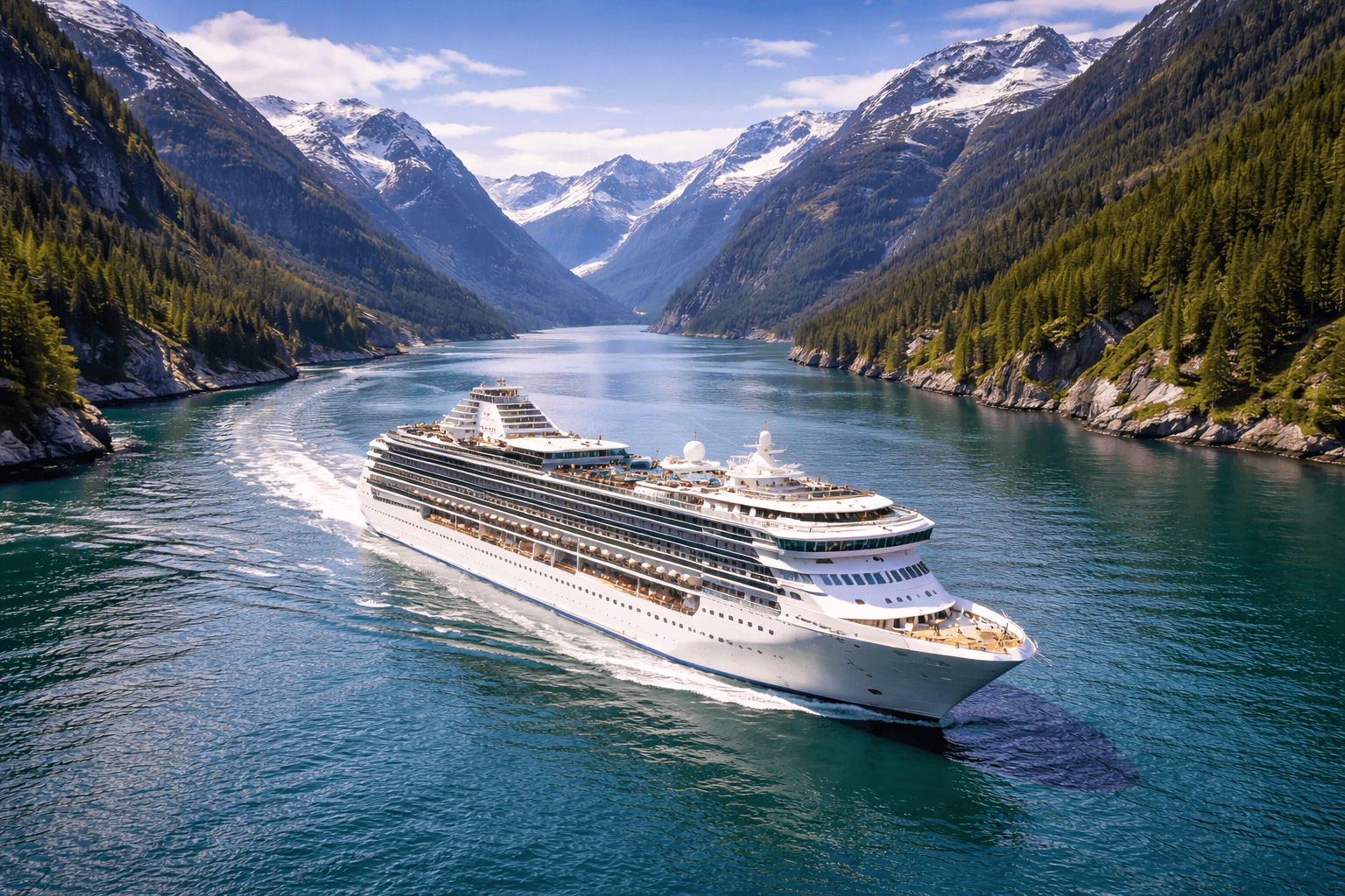 Cruise ship sailing through the Inside Passage surrounded by mountains.