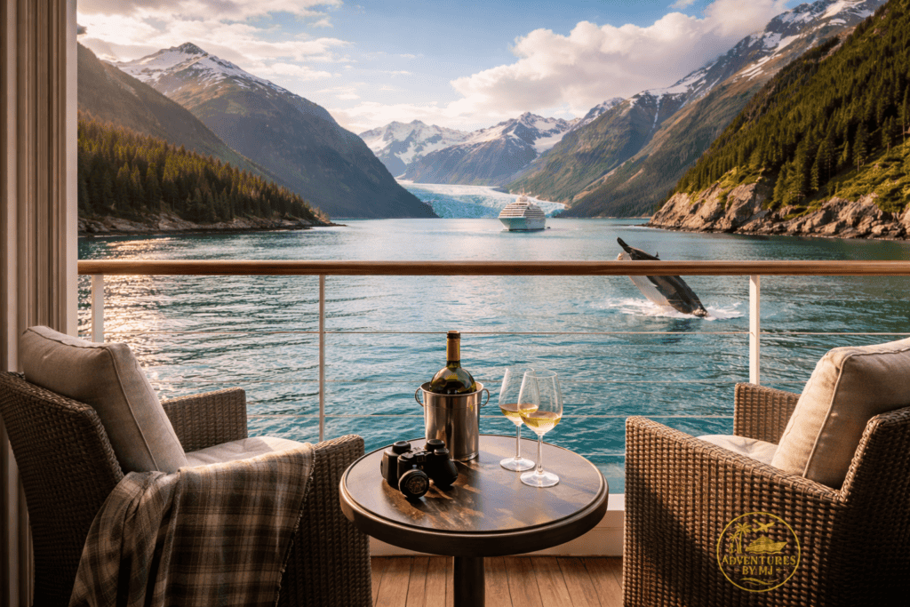 View from a balcony cabin on an Alaska cruise overlooking mountains, glacier, and whale in the Inside Passage.