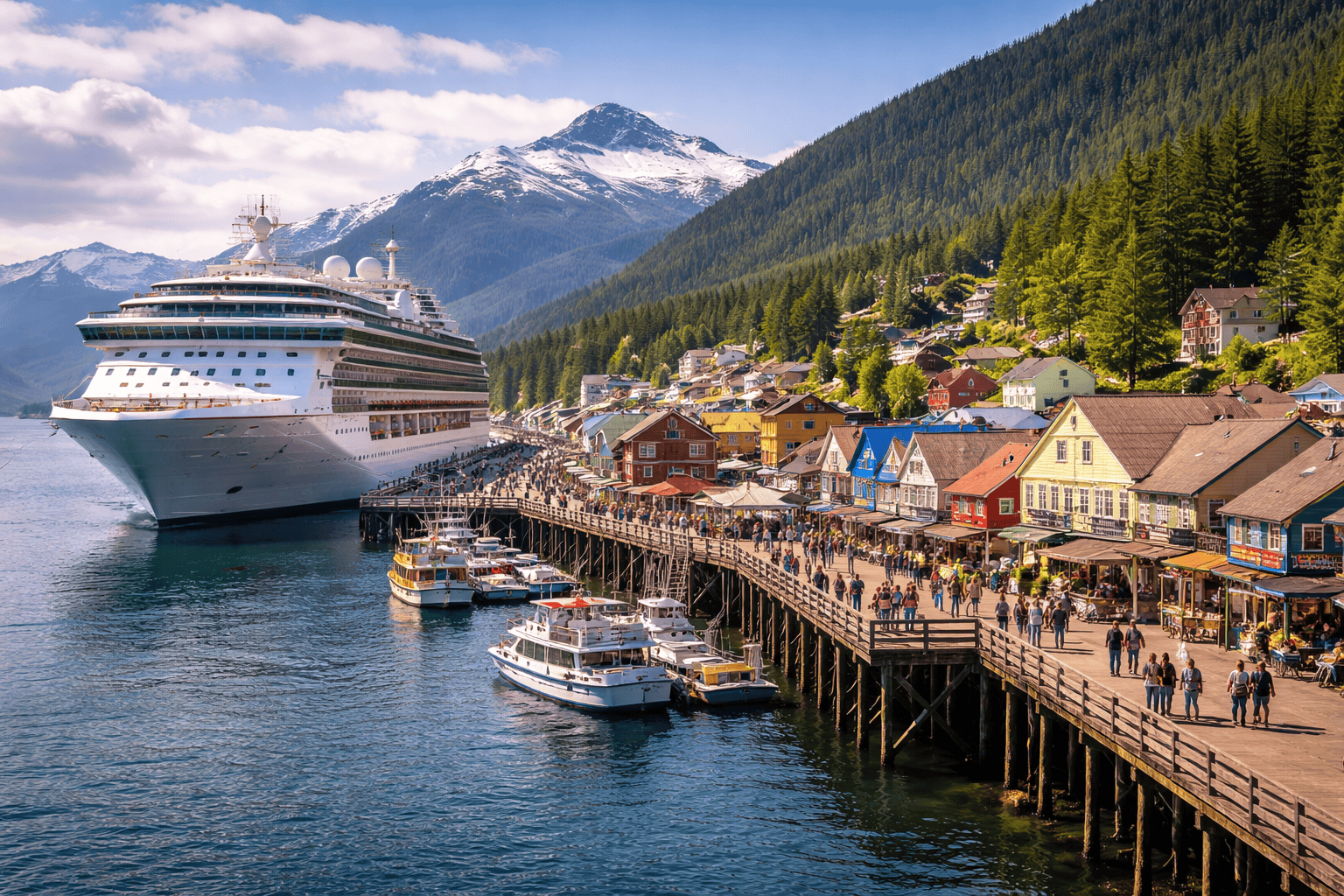 Cruise ship docked in Ketchikan Alaska with mountains and waterfront.