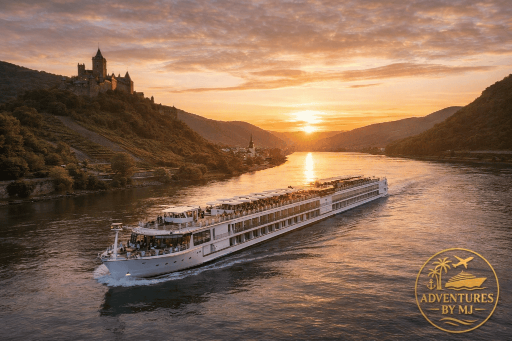 Luxury European river cruise sailing along the Danube at sunset with scenic castles and vineyards in the background