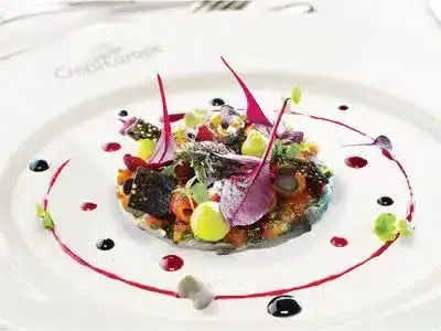 Luxury European river cruise fine dining gourmet dish with elegant presentation and wine pairing