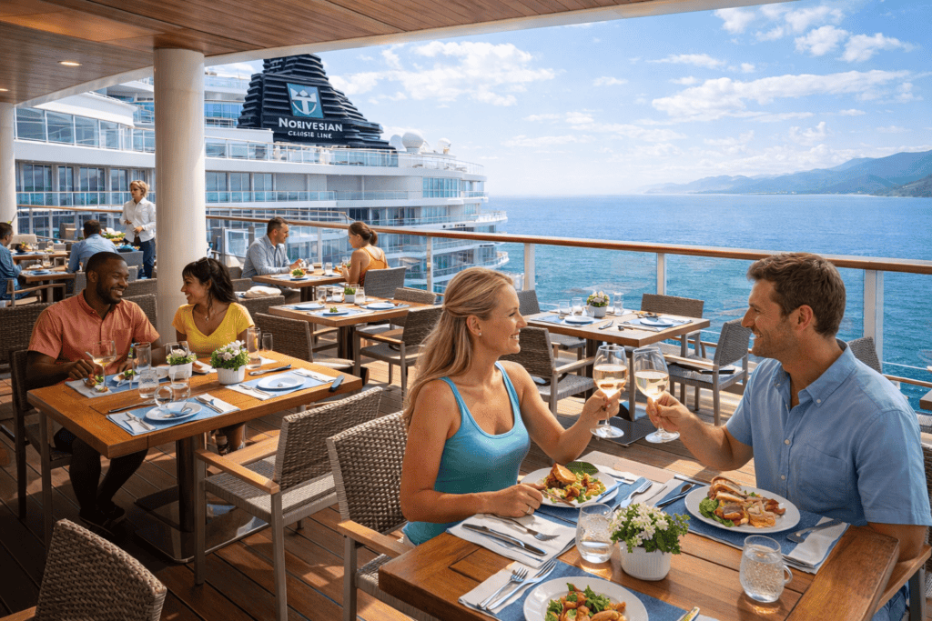 Norwegian Cruise Line ship deck and outdoor dining representing flexible cruising for first-time cruisers.